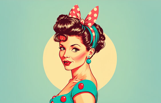 Pretty vintage pin up drawing of a model girl from the 1960's.  Clip art classic sticker image created with generative ai 