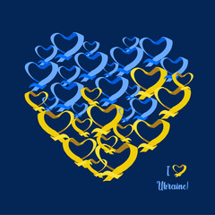 I love Ukraine! Traditional Ukrainian symbols in yellow and blue colors. Heart made of ribbon in the colors of the flag. Vector illustration. Patriotic concept for design and decor. Ethnic motives.