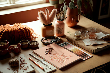 Hyper Realistic Modern Boho Flat Lay Pastel Orange Pink Brown Office Supplies Small Business Entrepreneur