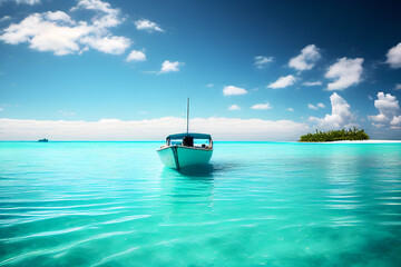 Tropical Island in the Turquoise Ocean - Boat Sailing Through Blue Sky and White Clouds 1. Generative AI.