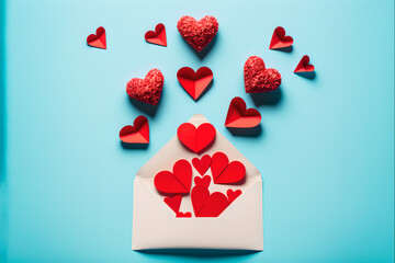 Many of Red Heart Pop-up from White Envelope, Valentines Card Concept, Top View on Blue Blackground