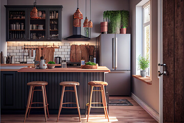 Light kitchen interior with bar countertop and cooking zone. Illustration with Generative AI