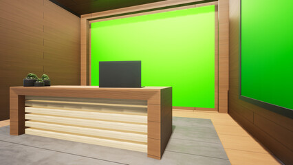 Fototapeta premium A desk inside a room with a chair, a table, and a green screen