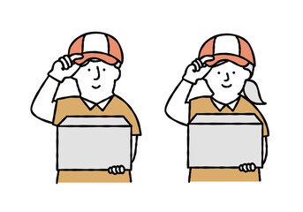 ダンボールを持つ引越し業社男女の作業員のイラストセット　イエロー