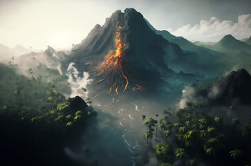 Aerial Panoramic Jungle Lush Thick Volcano Smoke Lava Realistic 3D Blender