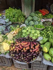 Fruit market with various colorful fresh fruits and vegetables