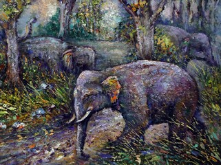 hand painted original impressionism art painting oil color elephant family in forest 