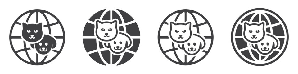 Set of dog and cat head icons with globe. Pet symbol on earth template. Dog and cat. Pet shop or veterinary clinic logo. Vector.