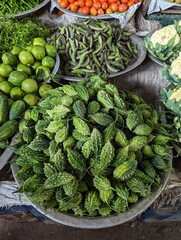 heap of ripe bitter gourd and other vegetables on tropical market - obrazy, fototapety, plakaty