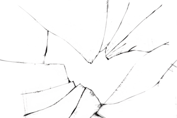 Texture of cracks on broken glass, hole in damaged window.