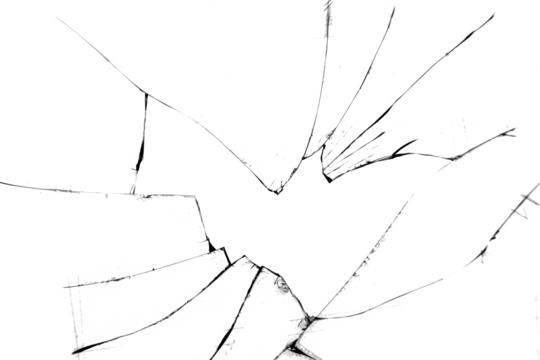 Texture of cracks on broken glass, hole in damaged window.