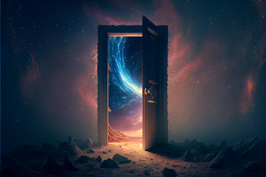 Door to another universe mystery portal. Life after death concept. High quality Ai generated illustration. 