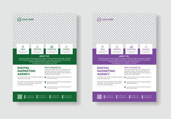 Digital marketing Flyer for social media with decorations in green and purple