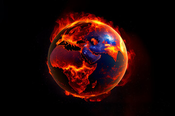 AI generated. Planet earth burning in fire with a focus on Africa.
