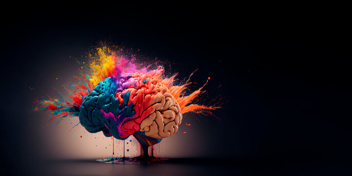 AI generated. Human brain exploding in colorful paint with space for text.