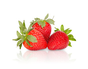 Three large ripe strawberries with green leaves on a white background. Isolated. Close-up. Shadow and reflection. Copy space