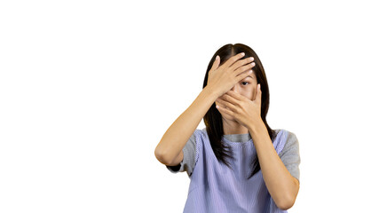 Young woman covering her face and eyes with her hands isolated, Cover your eyes with your hands for fear or prying eyes, Sneak peek, PNG file.