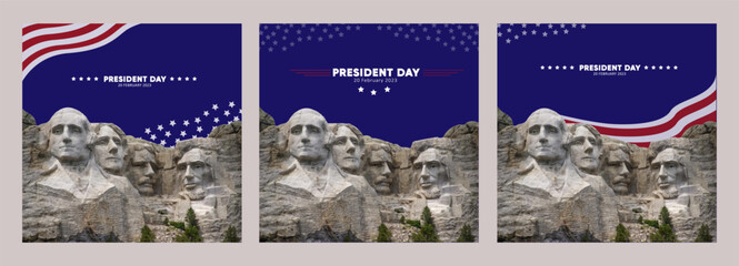 Fototapeta na wymiar Set of 3 Design presidents day, with rushmore statue moment, for social media or business feed needs