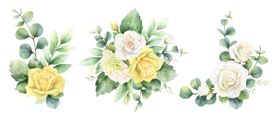 Watercolor floral set of bouquets of eucalyptus and roses. Greenery flower for wedding invitation, digital projects, scrapbooking, textiles, stationery, .design. Isolated on white background.