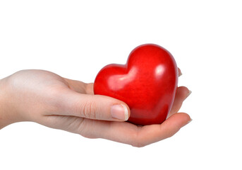 Red heart in woman hand isolated on transparent background, PNG.	