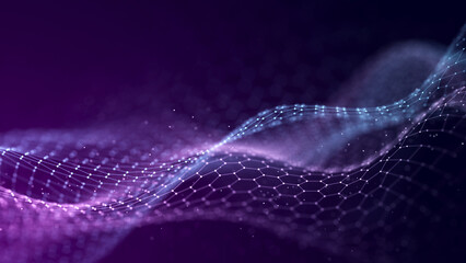Abstract wave of dots in blue and purple tones. Equalizer for music. 3D rendering.