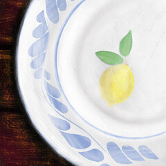 an illustration of a vintage porcelain plate with blue ornament and lemon print on it