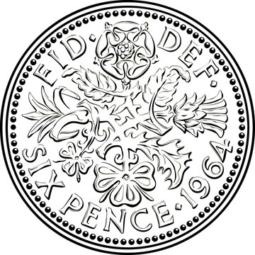 British sixpence money coin, reverse with floral design. Black and white