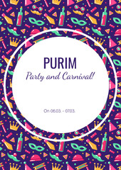 Purim carnival and party announcement, vector banner, invitation, greeting, advertise of party, with seamless pattern on the background.