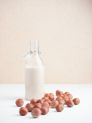 Vegetable hazelnut drink in glass bottle placed on a white table next to a pile of hazelnuts against a pink wall. Vegan dairy free milk.