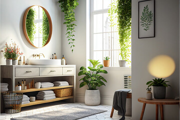 Bath space and vanity with styling, decor around themes of self-care, wellness, and nature concept. Ai generated