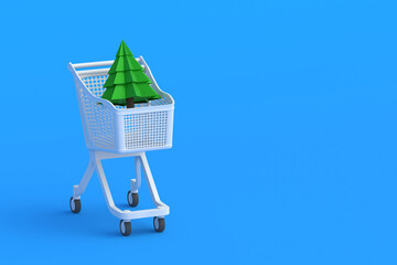 Christmas tree in market cart. Copy space. 3d render