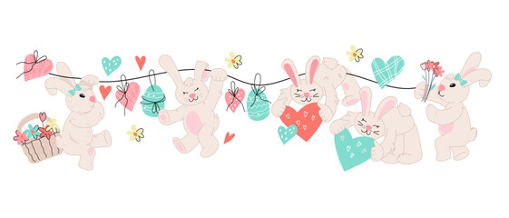 Easter bunnies characters in cute kawaii style, flat vector illustration isolated on white. Funny hand drawn rabbits with easter eggs and flowers for holiday cards.