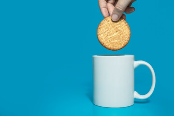 Female hand dipping normal healthy grain cookies in white mug of milk on blue background, copy...
