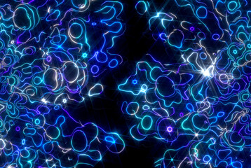 3d render abstract art 3d background with parts of surreal alien flower based on explosive smoke liquid structure in translucent multilayer material with neon blue color stripes on surface on black 