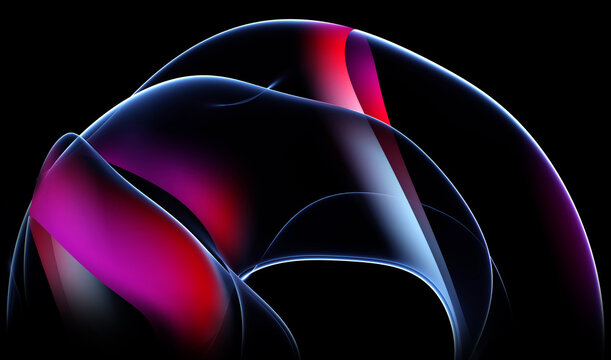 3d render of abstract art with part of surreal alien flower ball in curve wavy organic spherical biological lines forms in transparent glowing material in red purple white gradient color on black 