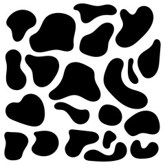 Random organic shapes, abstract drops, blotch, inkblot. Vector set of liquid, fluid smooth form. Pebble and stone silhouettes. Collection of specks or spot of various irregular shapes.