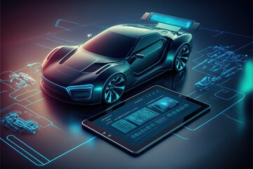 Electric Vehicle with Self-Driving. Future Car Software Technology.Self-Driving Car, Autonomous Vehicle, Driverless Car, Robo-Car, 3D illustration, 3D rendering, ai	