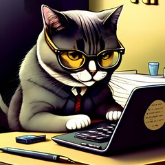 cat programmer in glasses work on laptop. Ai generated image.