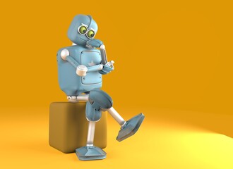 retro robot thinks sitting on the cube, artificial intelligence,