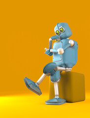 retro robot thinks sitting on the cube, artificial intelligence,