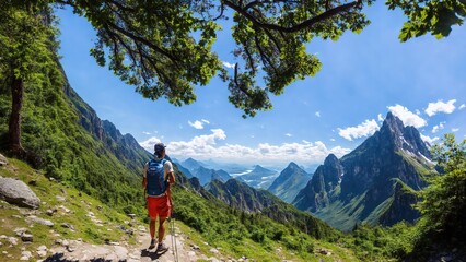 Fototapeta na wymiar landscape wide angle of hiker with mountain background, generative art by A.I.