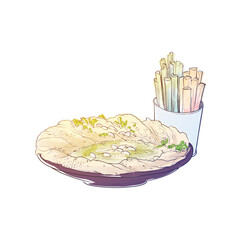 Hummus with carrot and celery slabs on a plate. Painted sketch. Vector illustration