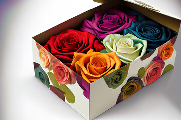 Beaufiful multicolored roses in white gift box