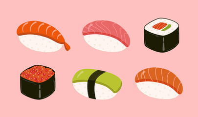 Set of bright cartoon sushi