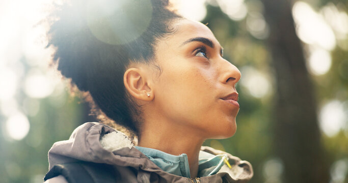 Hiking, Thinking And Adventure With A Black Woman In Nature, Sightseeing While Walking On A Trail Outdoor. Freedom, Travel And Health With A Young Female Hiker Out For Discovery And Exploration