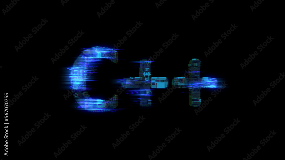 Poster cybernetic electrical light shining text c++ in glitch style, isolated - object 3d rendering