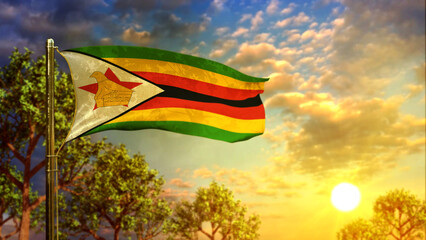 waving flag of Zimbabwe at sunrise for veterans day - abstract 3D rendering - obrazy, fototapety, plakaty