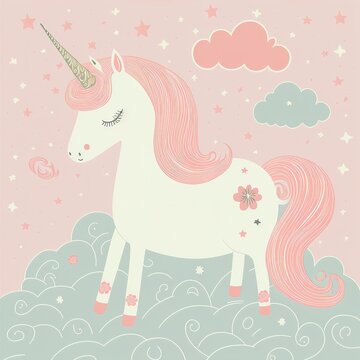 A cute pink unicorn with colorful flower background, it is an adorable fictional creature generative ai