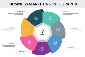 Origami style pie chart heptagon infographic template with 7 options, steps, parts, segments. Business concept. marketing infographic vector illustration.