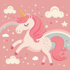 A cute pink unicorn with colorful flower background, it is an adorable fictional creature generative ai